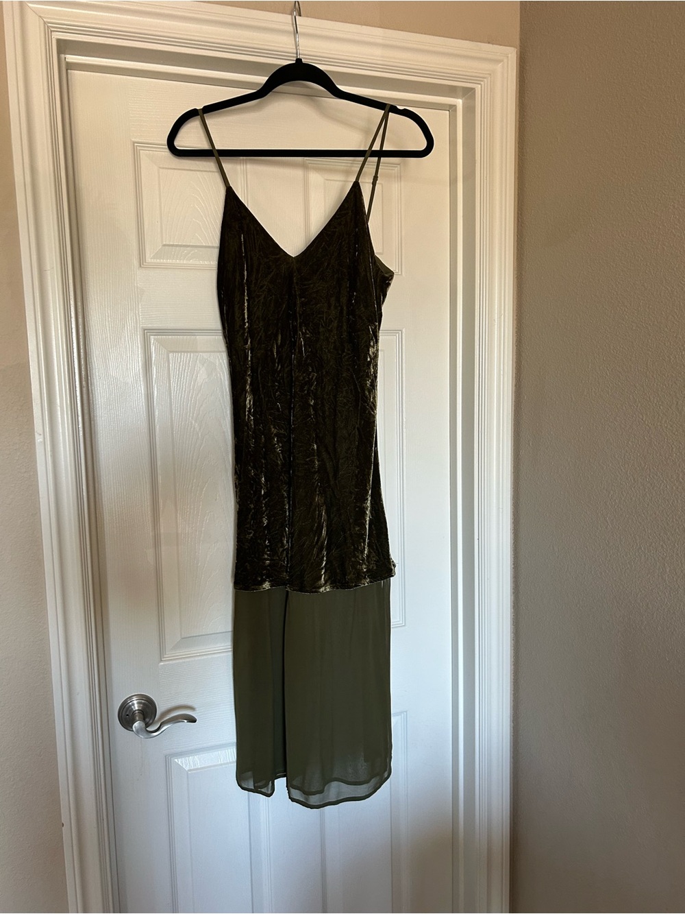 Olive Green Velvet Slip Dress with Chiffon Skirt, Gold Hawk , Sz M